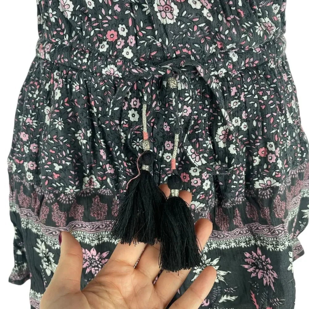 American Eagle Floral Tassel Tie Romper Sleeveless Gray Pink Size XS
